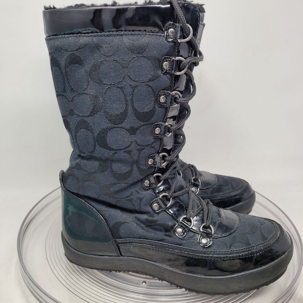 Coach Peggey Boots Womens 7.5 Signature Black Peggy Lace Up Mid-Calf Winter Snow - Picture 7 of 7